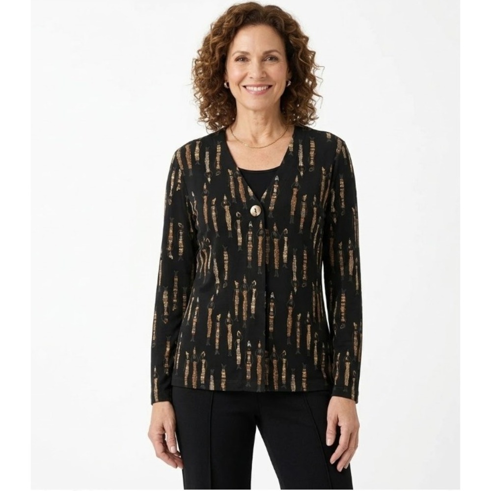 Chico's Travelers size XL/3 Black Brown Tribal Boho Print Slinky Knit Jacket